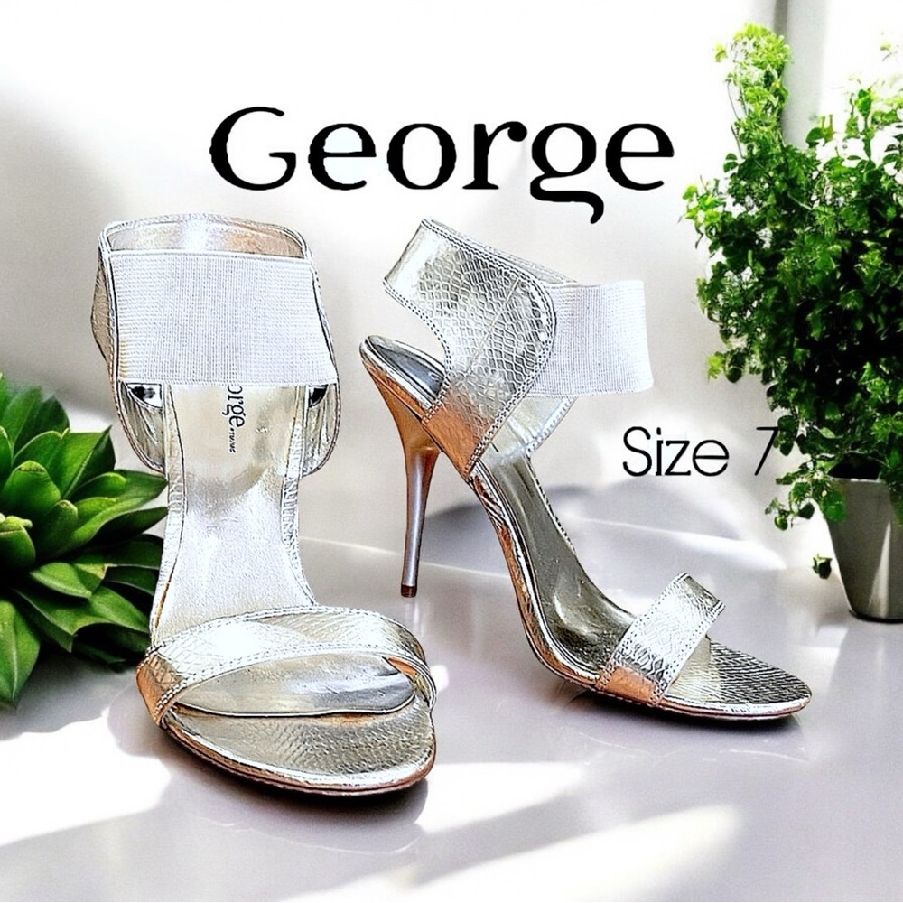George “Tara” Silver Elastic Ankle Strap Heels